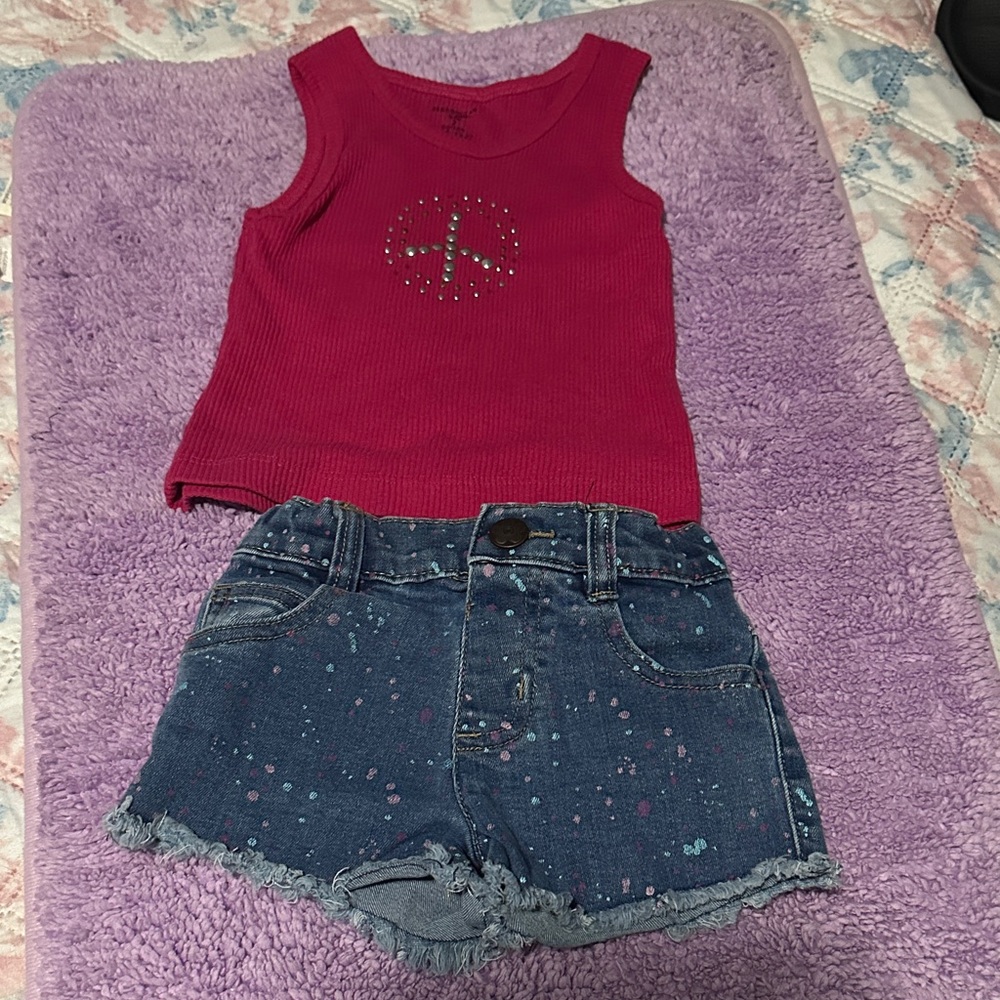 Red Tank Top and Denim Shorts Set